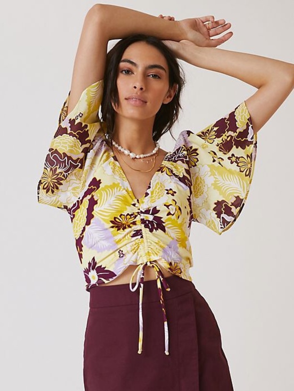 Anthropologie Maeve Cinched Flutter Sleeve Floral Cotton Top Size L